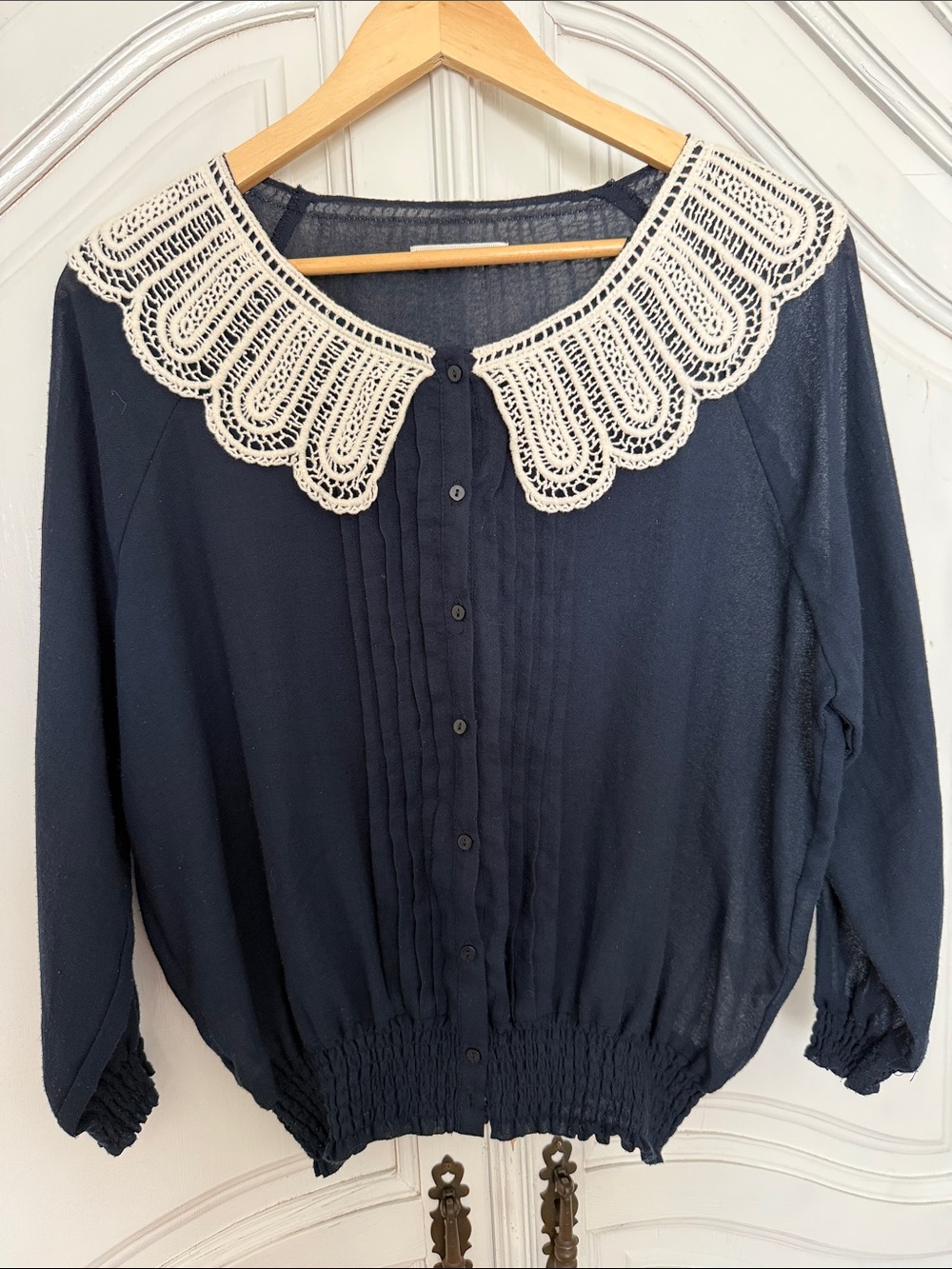 Lowrys Farm Navy Sheer Crochet Collar Blouse, Size M - Cottagecore